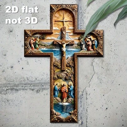 2D Flat Printing, Vintage Style Wall Cross, Jesus Christ And Saints Pattern, Suitable For Christmas/Easter And Other Holidays Decoration, As Well As Home Church And Living Room Religious Space Arrangement