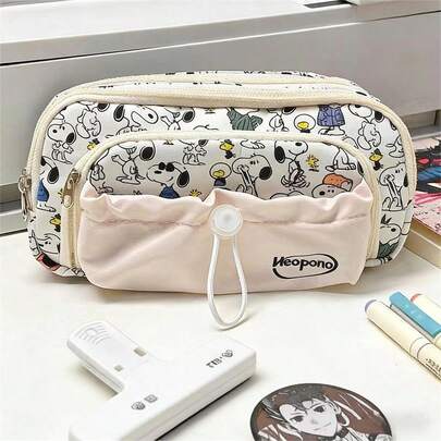 SNOOPY 1pc Cartoon Dog Three Grid Pen Case Large Capacity Pen Case | Durable Canvas Material With 3 Zipper Pockets | Stationery, Makeup, And Travel Portable | Suitable For Back To School, Birthday Gifts, Halloween, And Christmas | Fashionable Learning Supplies For Teenagers And Students