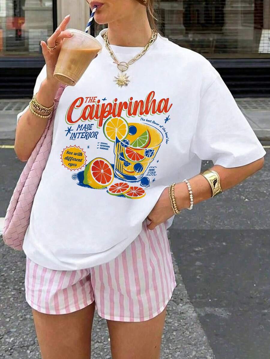 女士夏季新款字母饮料柠檬印花休闲度假宽松百搭圆领白色短袖T恤，时尚日常上衣，适合穿着 - 白色 - 查看 1
