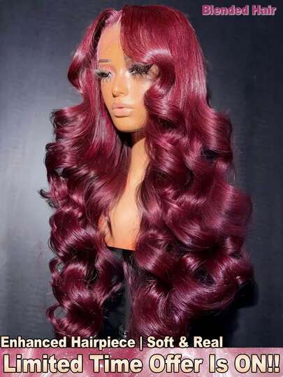 34 Inch 200% Density Brazilian Virgin Body Wave Lace Frontal Wigs Glueless - 13x4 Loose Wave HD Transparent Pre Bleached Pre Pulling Pre Ironing Lace Front Wigs Wine Red Color Middle Part Wigs Frontal Glueless - Invisible Hairline Lace Closure Wigs Suitable For All People Easily To Wear - Human Frontal Hair Wigs Glueless Weaves Wigs For Women Daily Use Blended Hair