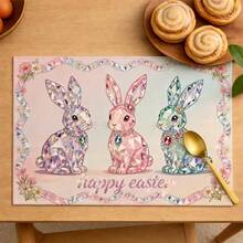 4pcs Easter Theme Placemats, Cute Rabbit Pattern With Diamond Elements And Floral Design, Suitable For Party Dining And Easter Decoration. Size: 30x45cm, Applicable For Seasonal Home Decor, Holiday Table Decor, Farmhouse Style, Washable And Durable. An Ideal Gift Choice. - Multicolor - View 3