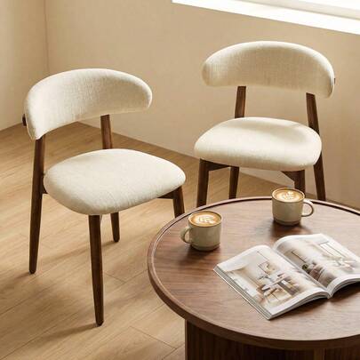 Wooden Dining Chairs Set Of 2, Modern Fabric-Upholstered With Curved Back, Farmhouse Kitchen Chairs With Adjustable Foot Pads, Suitable For Living Room, Dining Room, Cafe, Beige