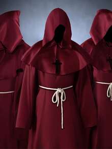 1 Set Medieval Hooded Cloak Monk Robe Wizard Priest Costume For Halloween Cosplay, Includes Robe + Hood + Belt + Necklace - Red - View 3