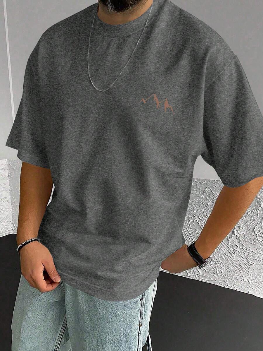男士极简主义山峰剪影图案圆领短袖T恤，夏季款，浅灰色 - 灰色 - 查看 1