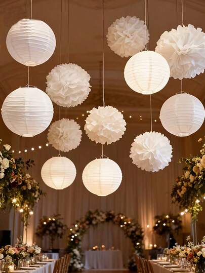 Set Of White Wedding Decorations, Including Paper Flower Balls, Paper Fans, Lanterns, And Honeycomb Balls, Suitable For Indoor Party Backdrops, DIY Wedding Backdrops, Outdoor Wedding And Party Decorations, Bridal Shower Supplies, Applicable For Weddings, Engagements, Birthdays, And Bridal Showers, DIY Backdrop Hanging Decorations