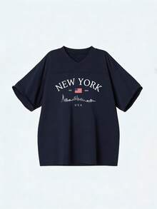 Áo thun tay ngắn cổ chữ V dáng rộng, phong cách tối giản mùa hè mới, in chữ "NEW YORK" kiểu Mỹ, đa năng và phù hợp cho nữ. - Màu xanh hải quân - Xem 3