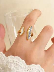 1pc Stainless Steel Dual-Tone Drip Glaze Open Ring, Adjustable Size, Fashion Elegant Casual Jewelry Accessory For Women, Suitable For Daily, Party, Commute Wear - Multicolor - View 3