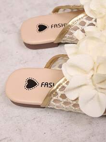 1 par de sandalias planas con punta abierta, bordado de flores 3D y malla para niñas, adecuadas para primavera y verano, zapatos de princesa - Champán - Ver 7