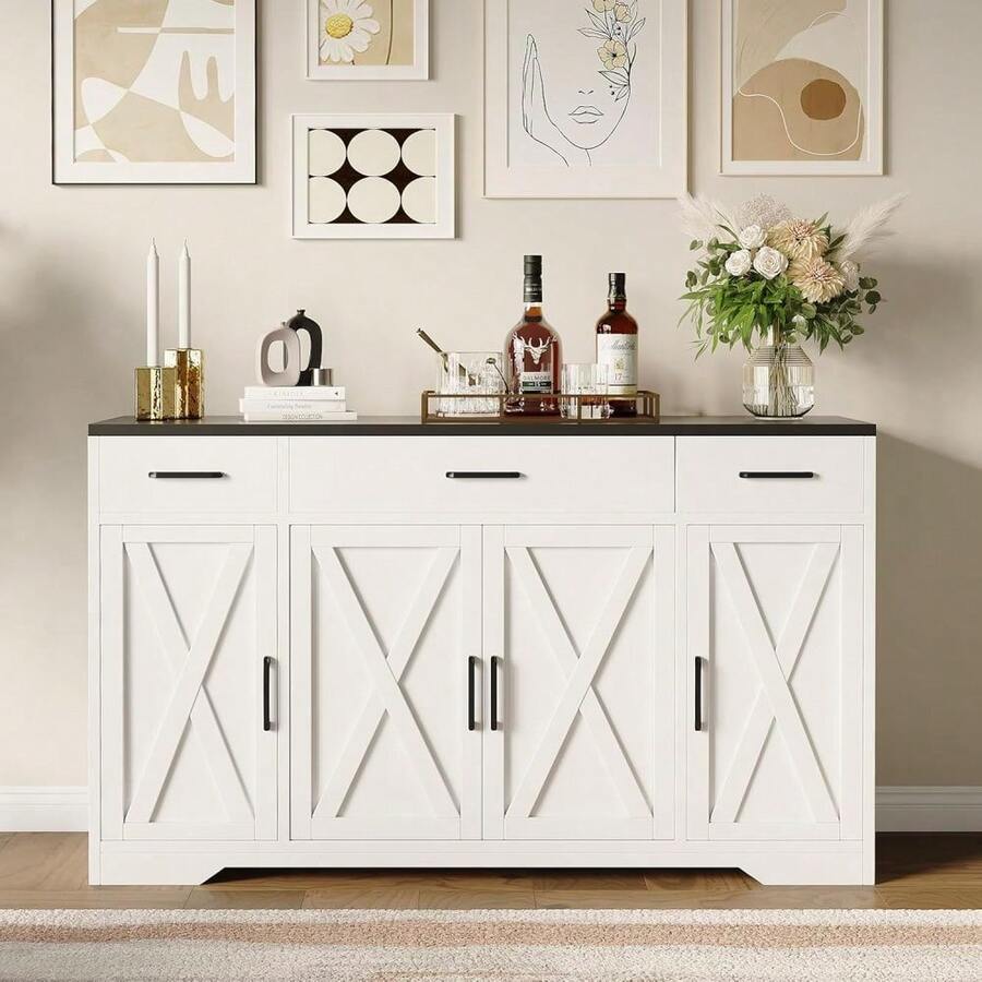 CuisinSmart 55" Buffet Sideboard  Cabinet With Drawers&Doors,Farmhouse Kitchen Storage Cabinet Wood Coffee Bar Cabinet With Shelves For Kitchen, Dining Room, Entryway - White & Black - View 1