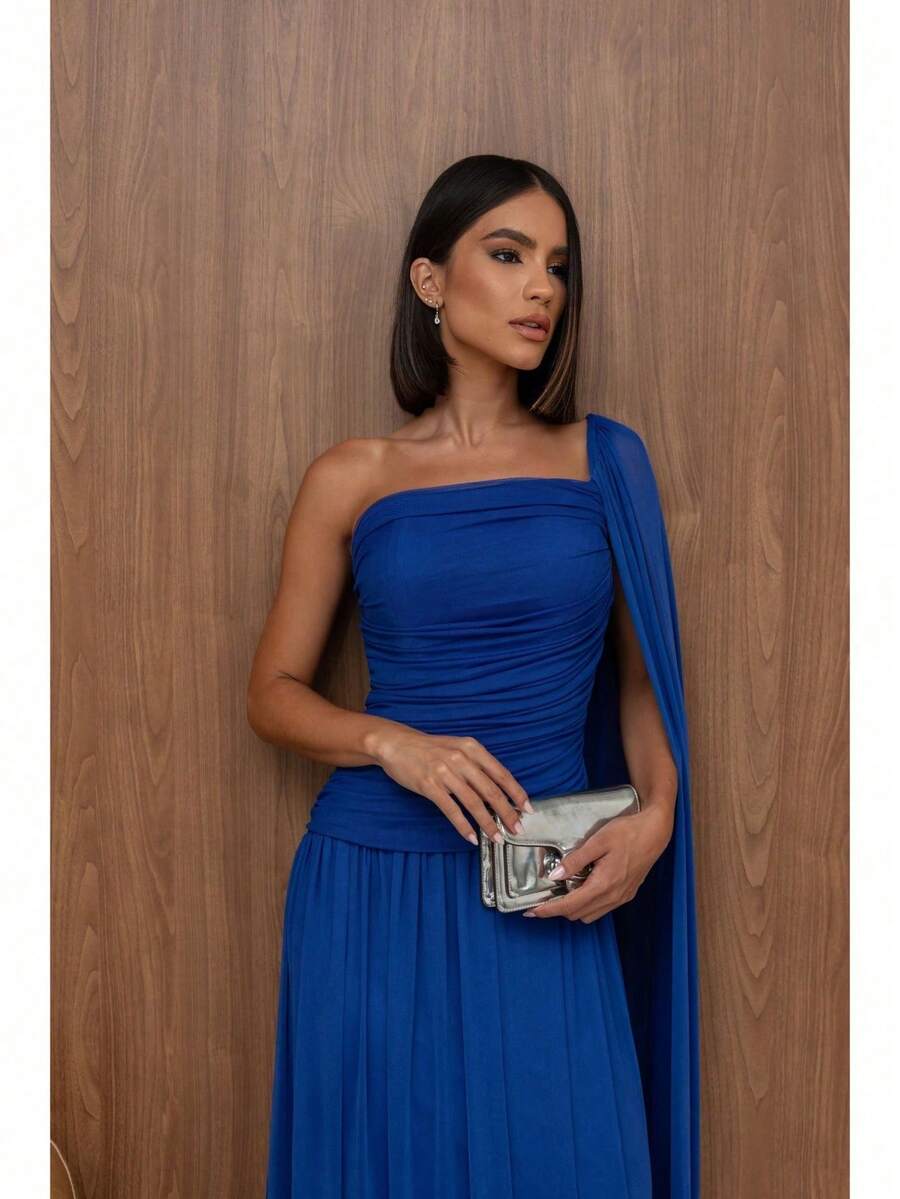 Long, One-Shoulder Party Dress In Dark Nude, Flowing Style, For Bridesmaids/Dates/Graduations/Guests. - Royal Blue - View 1