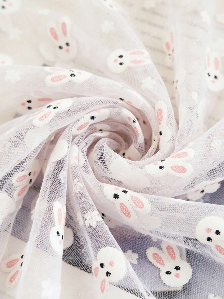 1件卡通兔子印花薄纱面料，洛丽塔连衣裙DIY薄纱预裁面料 - 白色 - 查看 1
