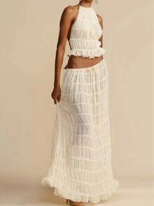 Women's 2 Piece Dress Set, Sexy Sleeveless Backless Halter Crop Top & Pleated Long Skirt, Beach Outfit - 白色 - 查看 3