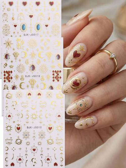 3pcs Retro Constellation Heart-Shaped Gold Nail Art Stickers, 3D Metallic Nail Decals, Beginner-Friendly Nail Stickers In Insta Style, Suitable For Music Festivals, Weddings, Carnivals, Easy To Apply On Nails For Decoration, DIY, Gifts, Y2K
