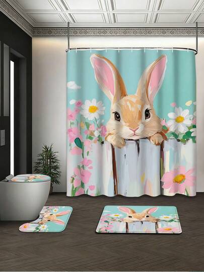 4件套浴室防水防霉速干涤纶浴帘套装，72x72英寸，可爱兔子围栏和花卉图案，包含浴帘、地垫、U型马桶盖套和12个免费挂钩，适用于家庭、公寓、宿舍。[复活节浴帘]