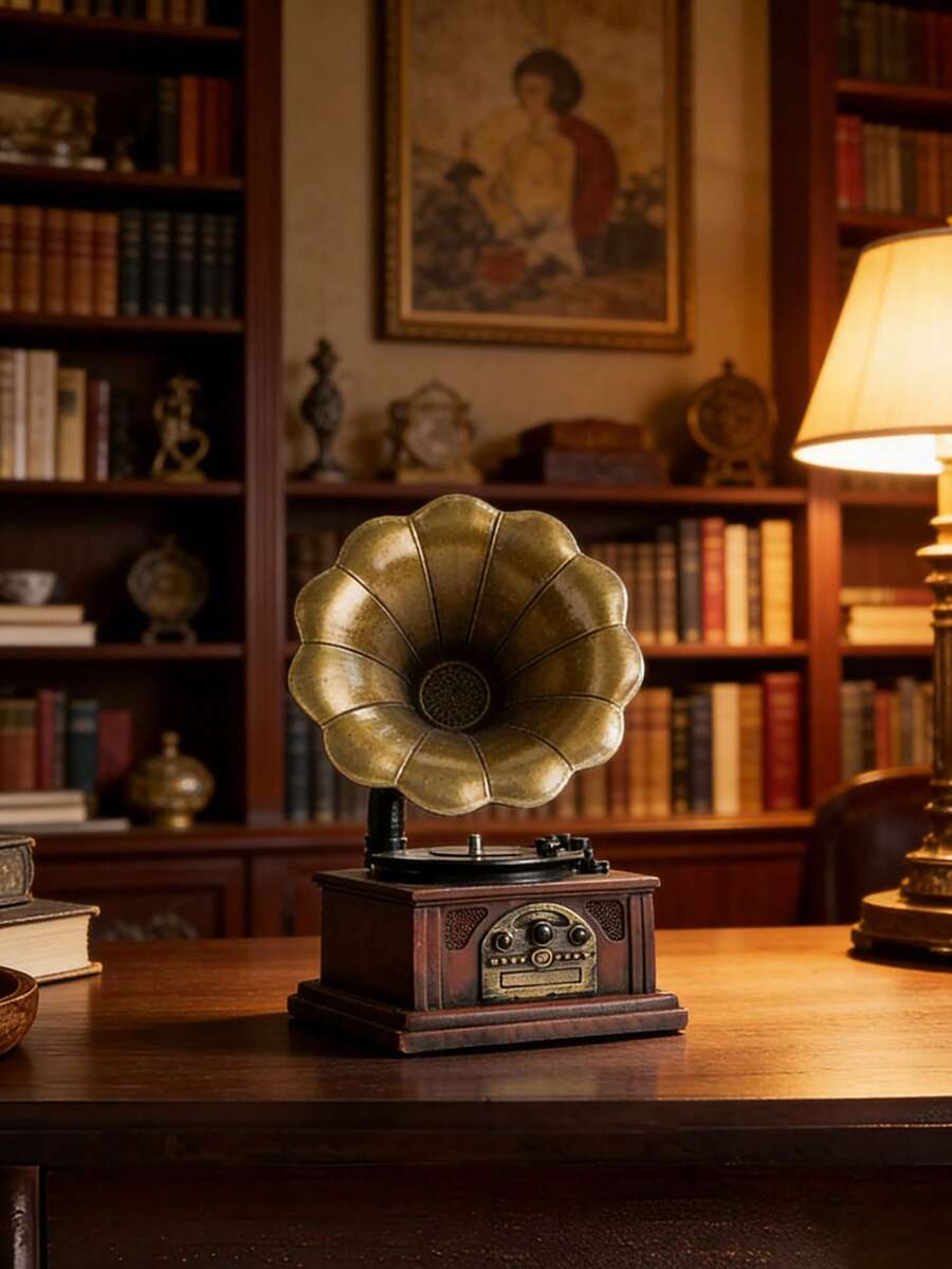 1pc Retro Gramophone Model Resin Decor, Home Decoration, Birthday/Graduation Gift, Suitable For Living Room, Dining Table, Desk, Bookshelf, Office, Also Suitable For Ramadan And Eid Al-Fitr Decoration - Retro - View 1