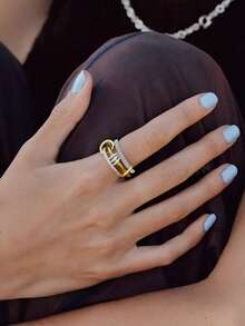 18K镀金立方氧化锆叠戴戒指，男女通用银色和金色混合金属互扣戒指套装，防褪色 - 彩色 - 查看 1