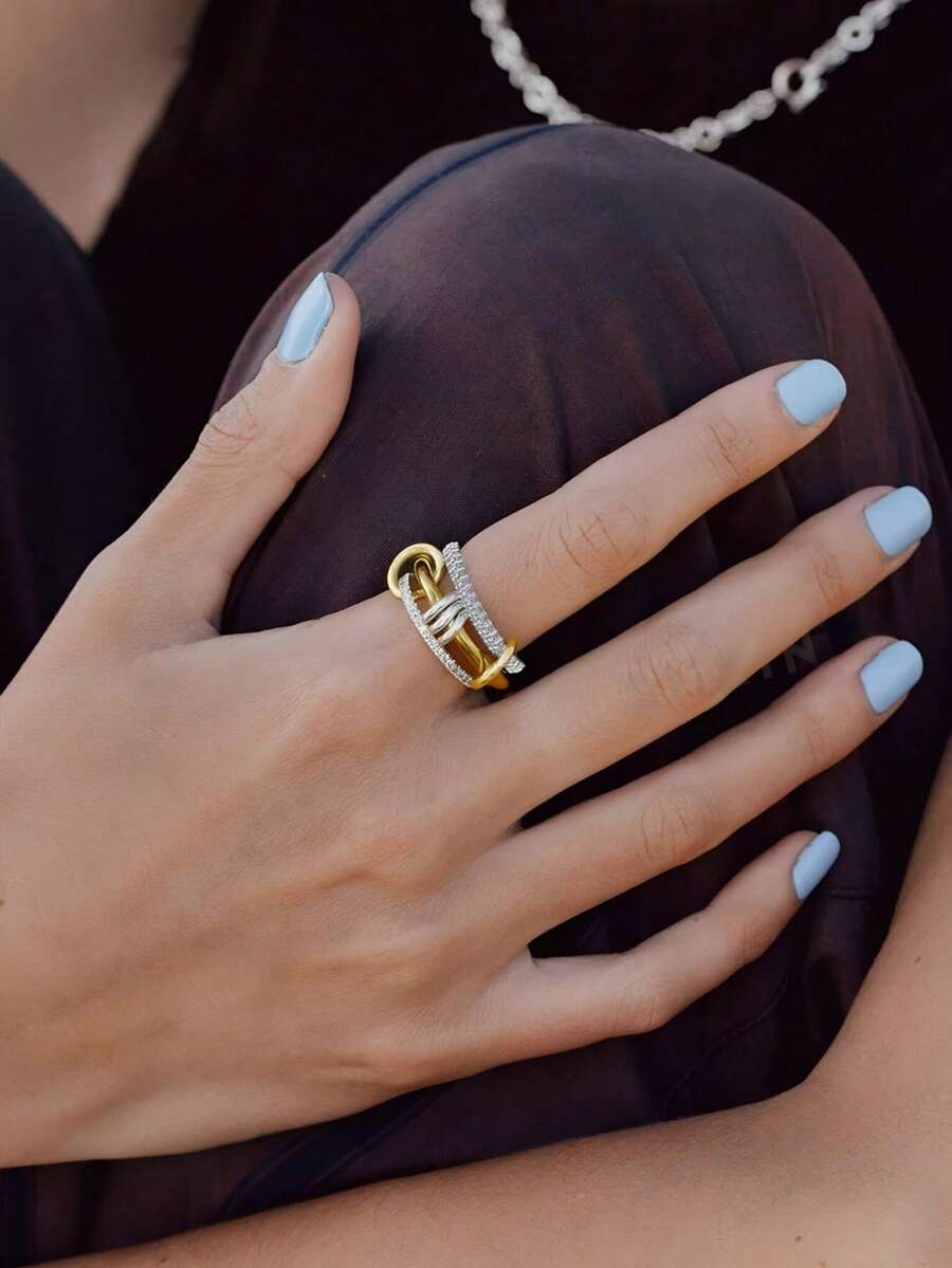 18K镀金立方氧化锆叠戴戒指，男女通用银色和金色混合金属互扣戒指套装，防褪色 - 彩色 - 查看 1