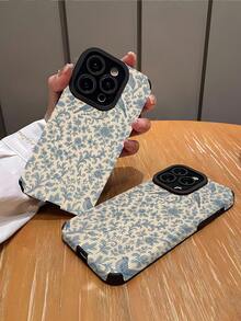 Flower 1pc Vintage Blue Floral Pattern Vertical Faux Leather Soft Protective Phone Case Compatible With Apple And 15/15PLUS/15PRO/15PROMAX - Multicolor - View 2