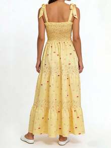 Vestido de mujer con tirantes anudados, sin mangas, con escote cuadrado, estampado floral de cerezas, vestido largo fruncido. - Amarillo - Ver 6