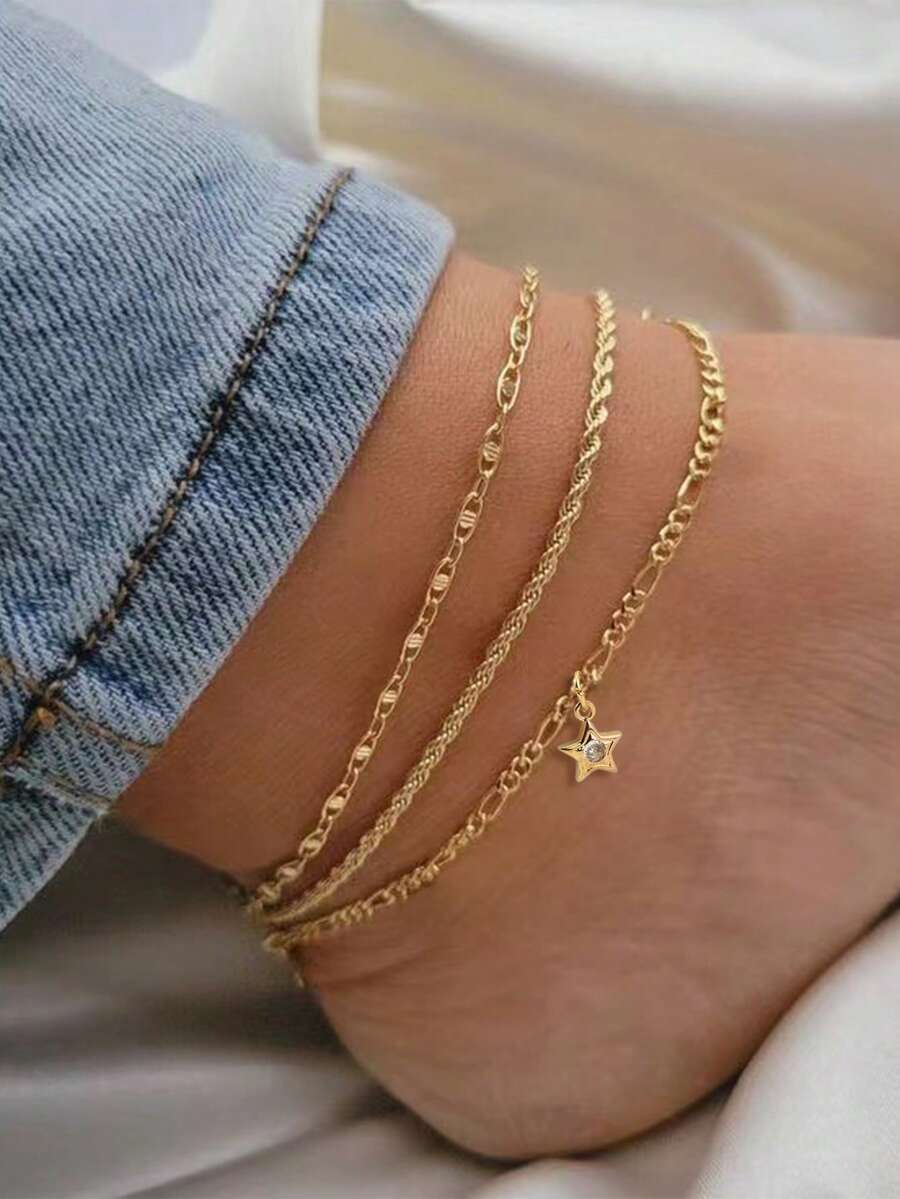 Bộ 3 chiếc dây chuyền vàng kiểu dáng đi biển với mặt dây chuyền hình sao biển đính đá Zirconia, thích hợp cho trang phục thường ngày, đi nghỉ mát và đeo hàng ngày. - Vàng - Xem 1