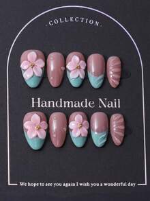 10片/套，欧美手工制作，Y2K粉色法式风格，短杏仁形美甲贴纸，3D手绘装饰漩涡及手绘图案，美甲装饰必备。内含1片果冻胶和1把指甲锉。日常使用完美，也适用于科切拉音乐节等场合的造型，是美甲贴片和指甲护理的理想之选。 - 粉色 - 查看 2