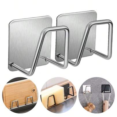 2 Sets Silver & Black Adhesive Sponge Holder, Stainless Steel Dish Sponge Rack, Kitchen Accessories, Kitchen Storage, Bathroom Storage, Easter Gift, Mother's Day Gift