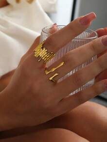 2pcs Stainless Steel 18K Gold Plated Elegant Minimalist Geometric Wave & Water Drop Adjustable Open Ring Set, Suitable For Women's Daily & Holiday Wear - Multicolor - View 2