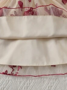 Girls' Spaghetti Strap Ruffle Hem Dress, Patchwork Butterfly Embroidery Mesh Shoulder Strap Stylish Dress, Suitable For Party, Birthday, Outdoor, Vacation - Burgundy - View 8
