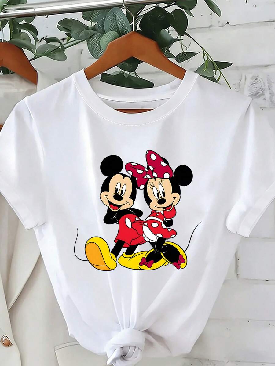 Disney (Loose Version) Women's Mickey Mouse Couple Print Short Sleeve T-Shirt Cotton Round Neck Regular Fit Top For Everyday Wear Short-Sleeved Round Neck Casual Shirt Necessary In Summer, Suitable For Summer And Spring, Holiday Gift Party Clothing, Ladies' Clothing. - Blanc - Voir 1