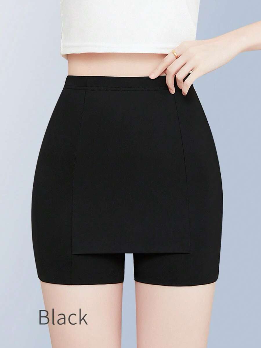 Pantalones cortos y falda de seda de leche sin costuras 2 en 1 para mujeres, con doble capa antilight, a prueba de rasgaduras y con panel de cobertura - Negro - Ver 1