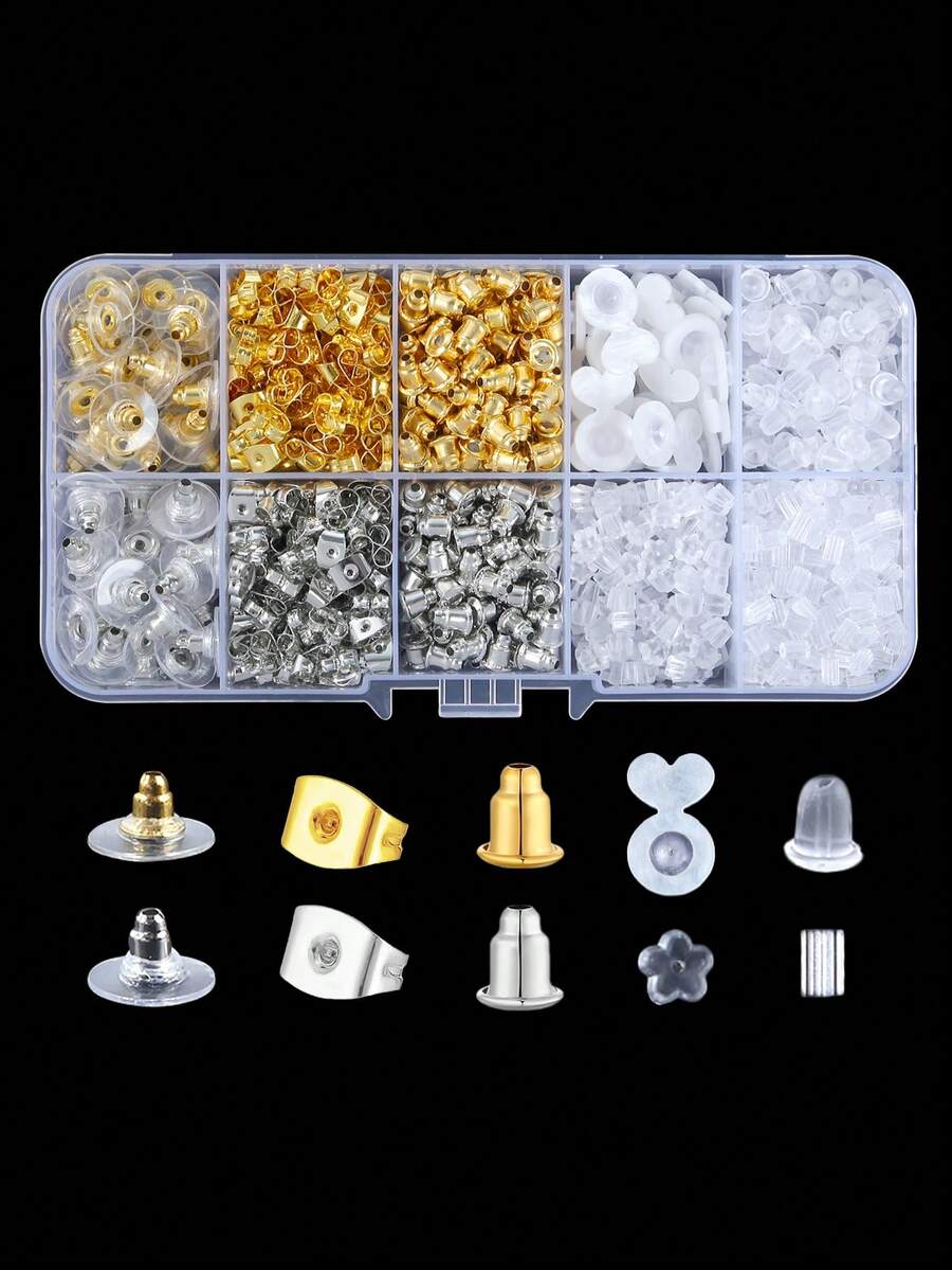 200/600个耳钉背扣，10种款式透明塑料耳钉金属橡胶硅胶耳钉背扣子弹头耳堵替换套装，适用于鱼钩耳钉、耳环 - Earring Backs - 查看 1