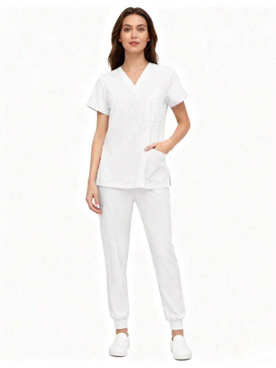 Advanced Clinical Attire Ensemble - Complete M-Edical Scrubs Package With Practical Design Elements For Modern Healthcare - White - View 1