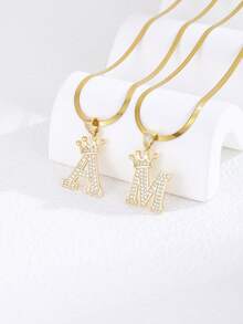 1pc Fashionable Gold-Plated Copper Cubic Zirconia Letter Pendant Necklace, Suitable For Party Decoration, Accessory Gift For Friends And Family - Gold - View 2