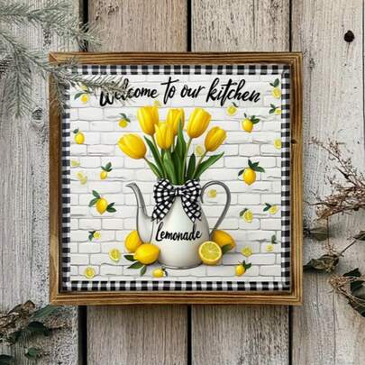 1/2pcs Vintage Wooden Wall Art Sign, Spring/Summer Lemon & Tulip Floral Design With "Welcome To Our Kitchen" Text, Suitable For Kitchen, Living Room, Bedroom, Bathroom, Office, No Electricity Needed, Housewarming Gift, Kitchen Wall Decor, Decorative Plaque And Signage, Farmhouse Style