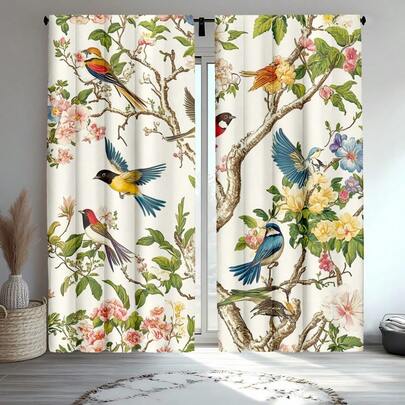 2pcs Classic Style Curtains, Tropical Jungle & Country Floral Bird Print, Polyester Decorative Drapes For Living Room