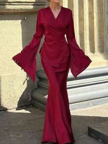 两件套女士优雅纯色长袖上衣和裙子套装 春季 - 紅色 - 查看 6