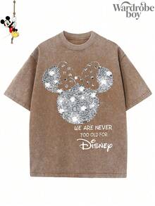 Camiseta de algodón puro con estampado de Disney Mickey Mouse de efecto de diamante falso, unisex, de alta calidad, adecuada para todas las estaciones, cómoda y transpirable | Diseño exquisito | La mejor opción para regalar - Caqui - Ver 1