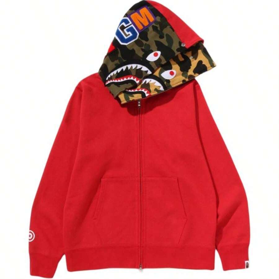 Bape A BATHING APE FW25 Half Camouflage Double Hooded Sweatshirt With Shark Logo On Cuffs, Men's - Đỏ - Xem 1