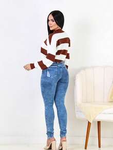 Women's Striped High Neck Knit Sweater, Winter Blouse - 鏽棕色 - 查看 4