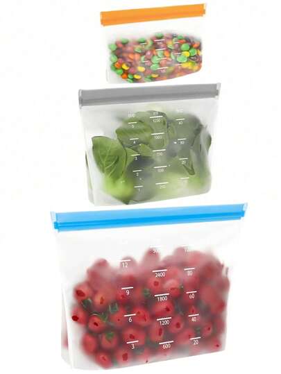 3pcs Reusable Freezer Bags, Sandwich Bags, Silicone Food Storage Bags, Leak-Proof Sealed Containers, Suitable For Lunch, Snacks, Fruits And Vegetables