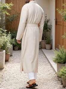 Men's Muslim Cardigan Robe, Home Robe, Casual Vacation Robe, Courtyard Style Robe, With Pockets On Both Sides And A Forked Hem, Moderate Length - Champagne - View 7