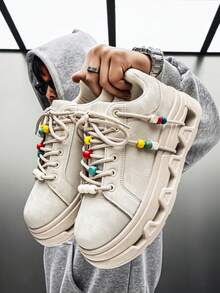 男士串珠厚底休闲运动鞋，独特系带厚底学生鞋 - 米色 - 查看 1