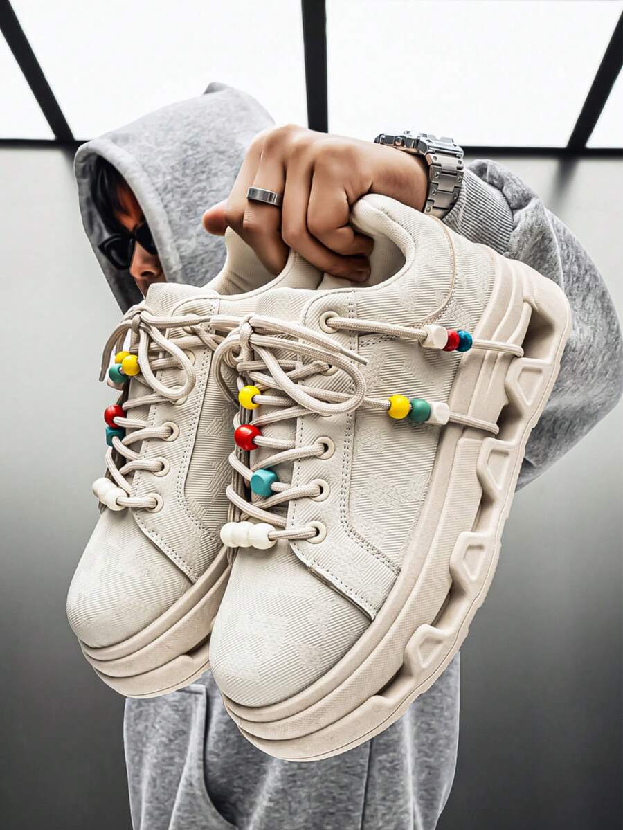 男士串珠厚底休闲运动鞋，独特系带厚底学生鞋 - 米色 - 查看 1