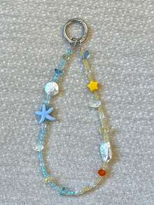 1件夏季海洋海星贝壳蓝色清新度假风水晶珠链水晶珍珠扣手机绳，ins风女孩包包挂件学生派对礼物手机配件 - 彩色 - 查看 1