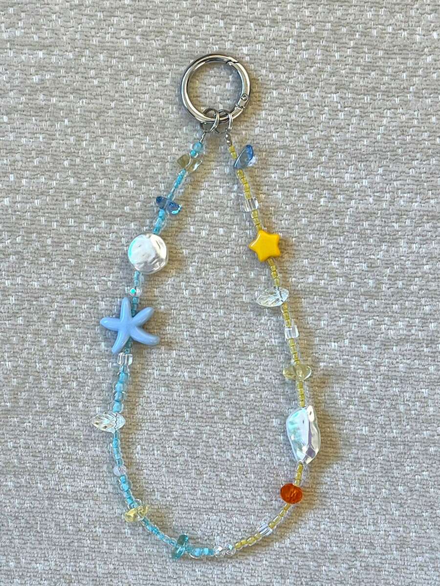 1件夏季海洋海星贝壳蓝色清新度假风水晶珠链水晶珍珠扣手机绳，ins风女孩包包挂件学生派对礼物手机配件 - 彩色 - 查看 1