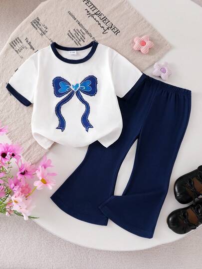 2pcs Baby Girls' Casual Crew Neck Patchwork Smooth Bow Graphic Short Sleeve Top + Flared Pants Set, Summer