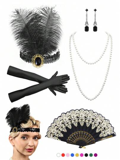 5Pcs Forever & Moment 1920s Style Party Accessories Set For Women, Flapper Headband, Earrings, Necklace, Gloves, Hand Fan - For Gatsby-Themed Party, Weddings, Bachelorette Party, Retro-Themed Galas, Cosplay, Classic 1920s Costume Accessories