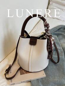 New Stylish Color Block Tote Bag With Scarf Decor, Spacious Bucket Bag Design With Sophisticated Vibe - Coffee Brown - View 7
