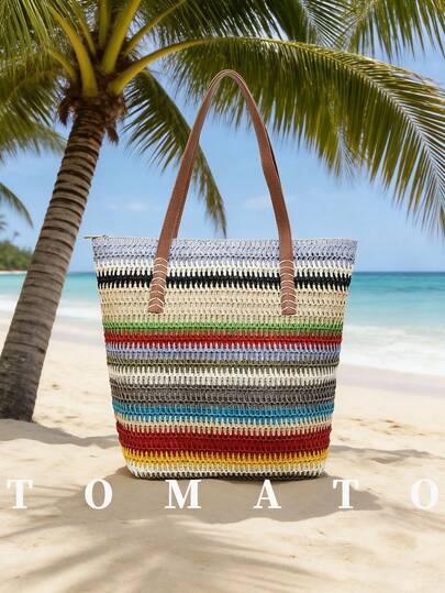 1个新款彩色女士编织单肩包，大容量草编休闲手提包，多功能沙滩单肩包，时尚度假沙滩包，拉链封口，镂空设计，吊坠装饰