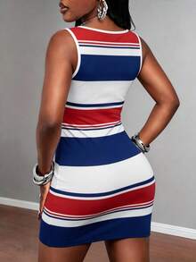女士海军蓝红白蓝条纹无袖连衣裙，时尚美式性感修身吊带裙，适合夏季日常穿着、海滩度假、街头风。 - 彩色 - 查看 2